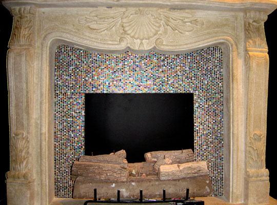 Artistic designs in hand-crafted mosaic and fused glass tile to cover a fireplace surround. Each project is custom to client colors