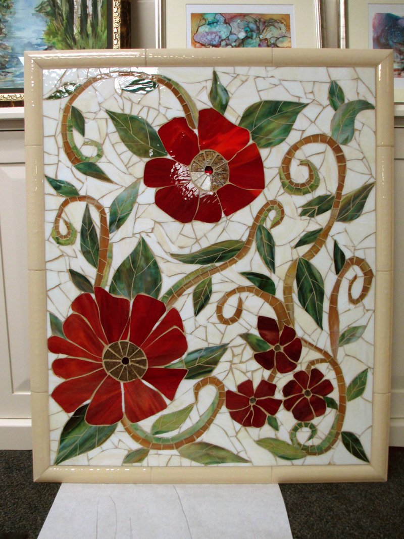 Large Red Floral Mosaic Mural | Designer Glass Mosaics