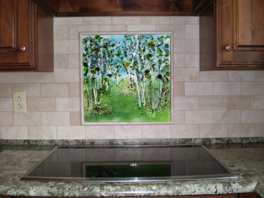 Glass Kitchen Backsplash “Grove of Birch Trees”